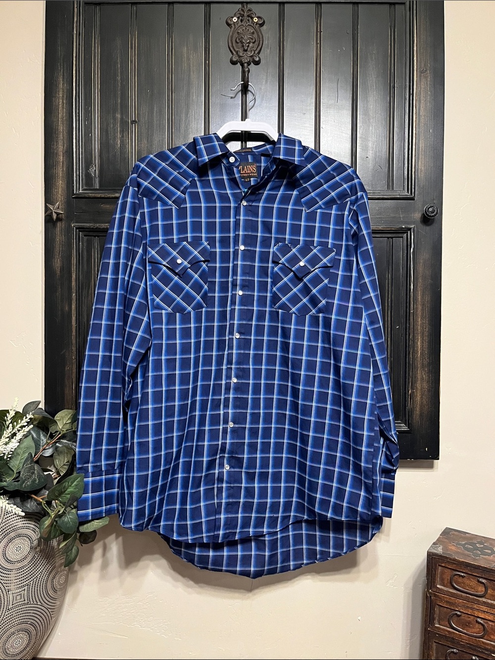 Plains  Men's Blue Windowpane Button-Down Shirt Large TALL